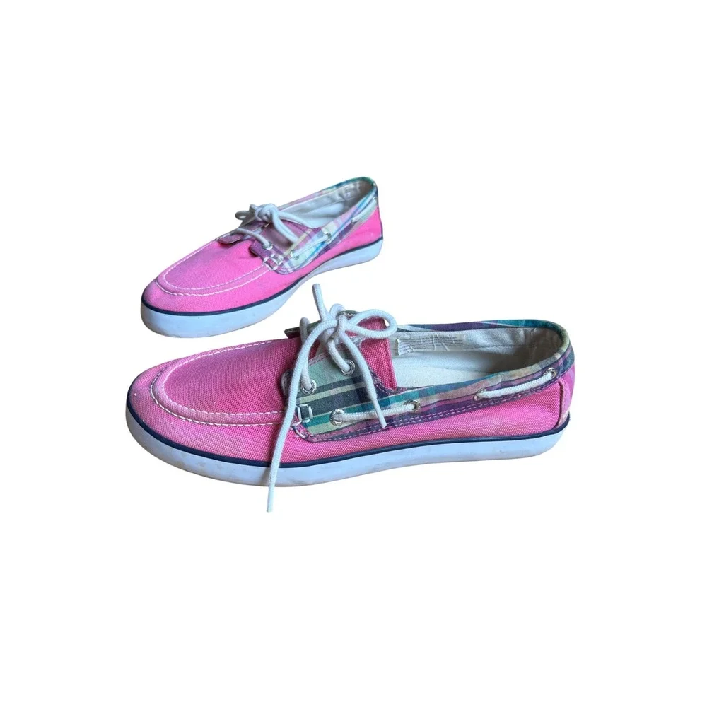 Polo Ralph Lauren Pink Canvas Plaid Trim Boat Shoes Preppy Yacht Club 6.5